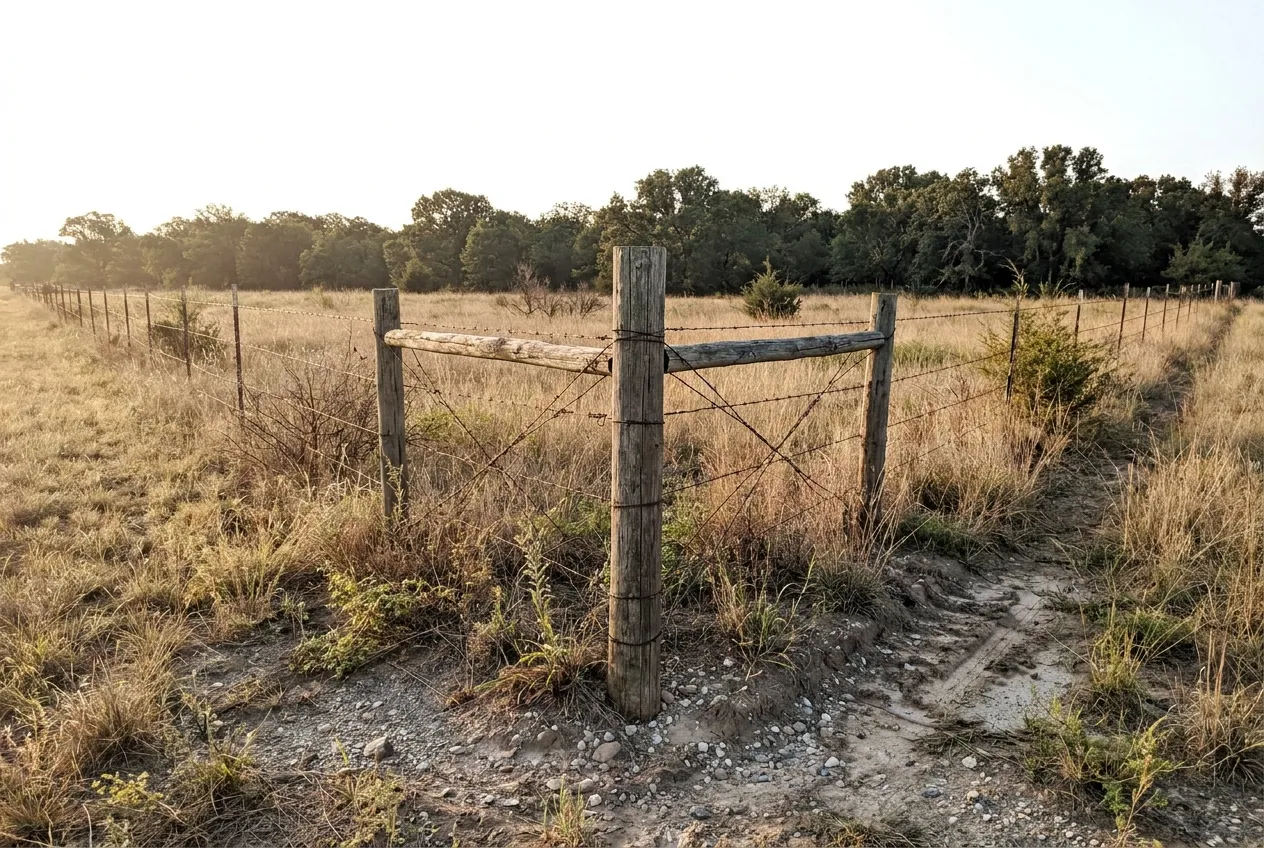 A corner fence post on a rural Oklahoma property, barbed wire running away in two directions across open tallgrass toward an oak treeline.
