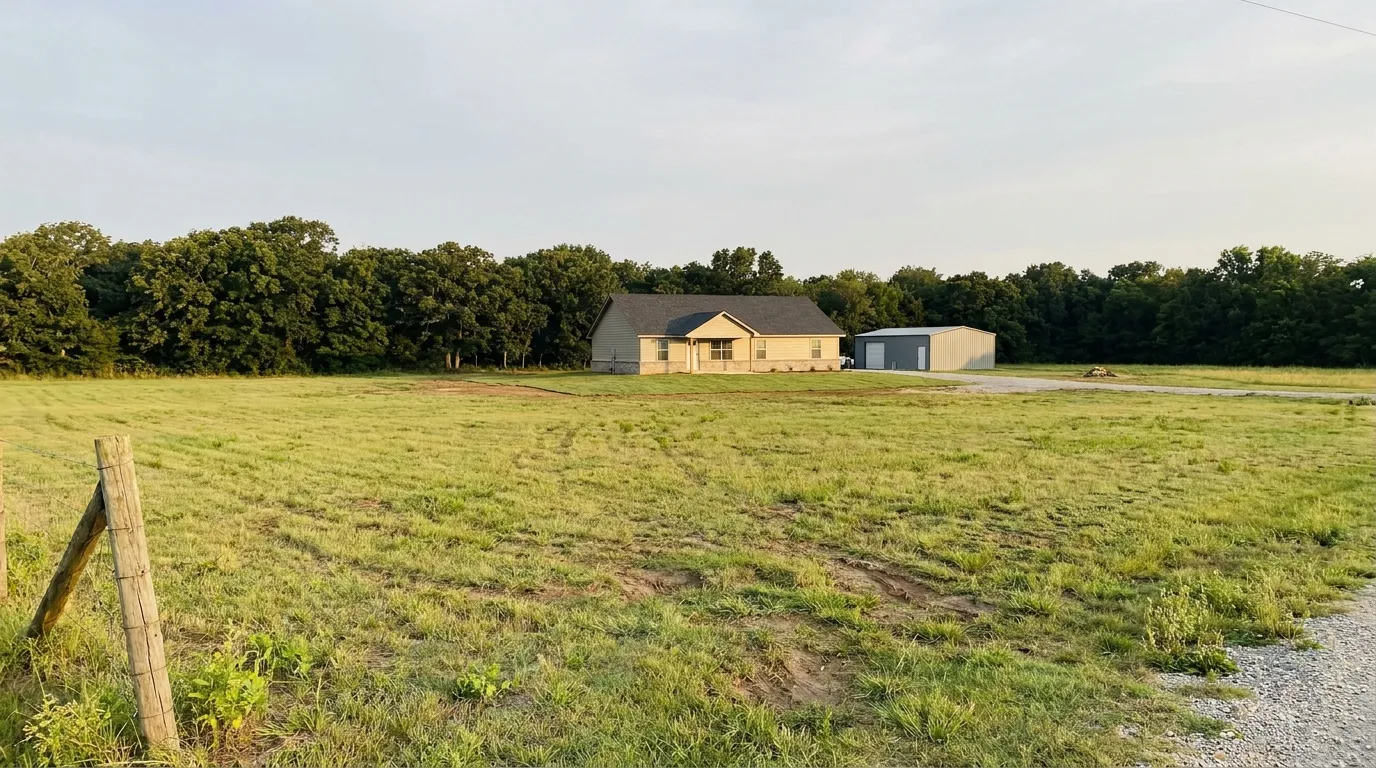 A new single-storey house sitting small in a wide open pasture, with a metal workshop building beside it and an oak treeline behind.